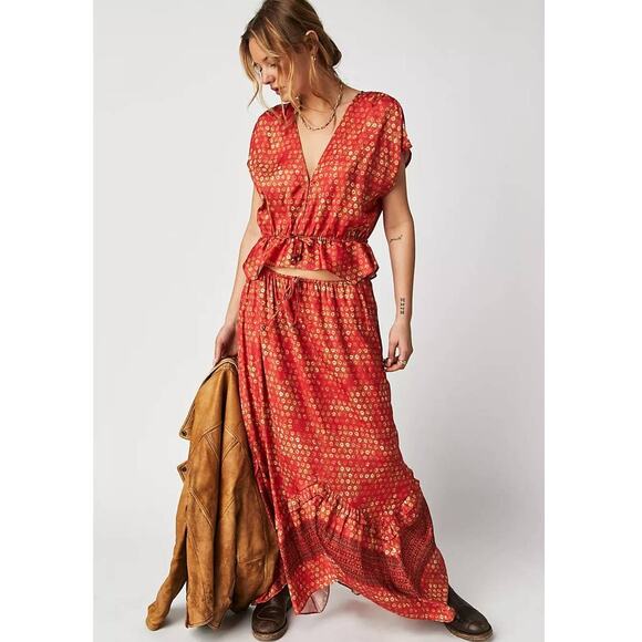 New Free People Dreambound Silky Maxi Skirt Set $168 X-SMALL Red Boho V-neck Top - Picture 1 of 4